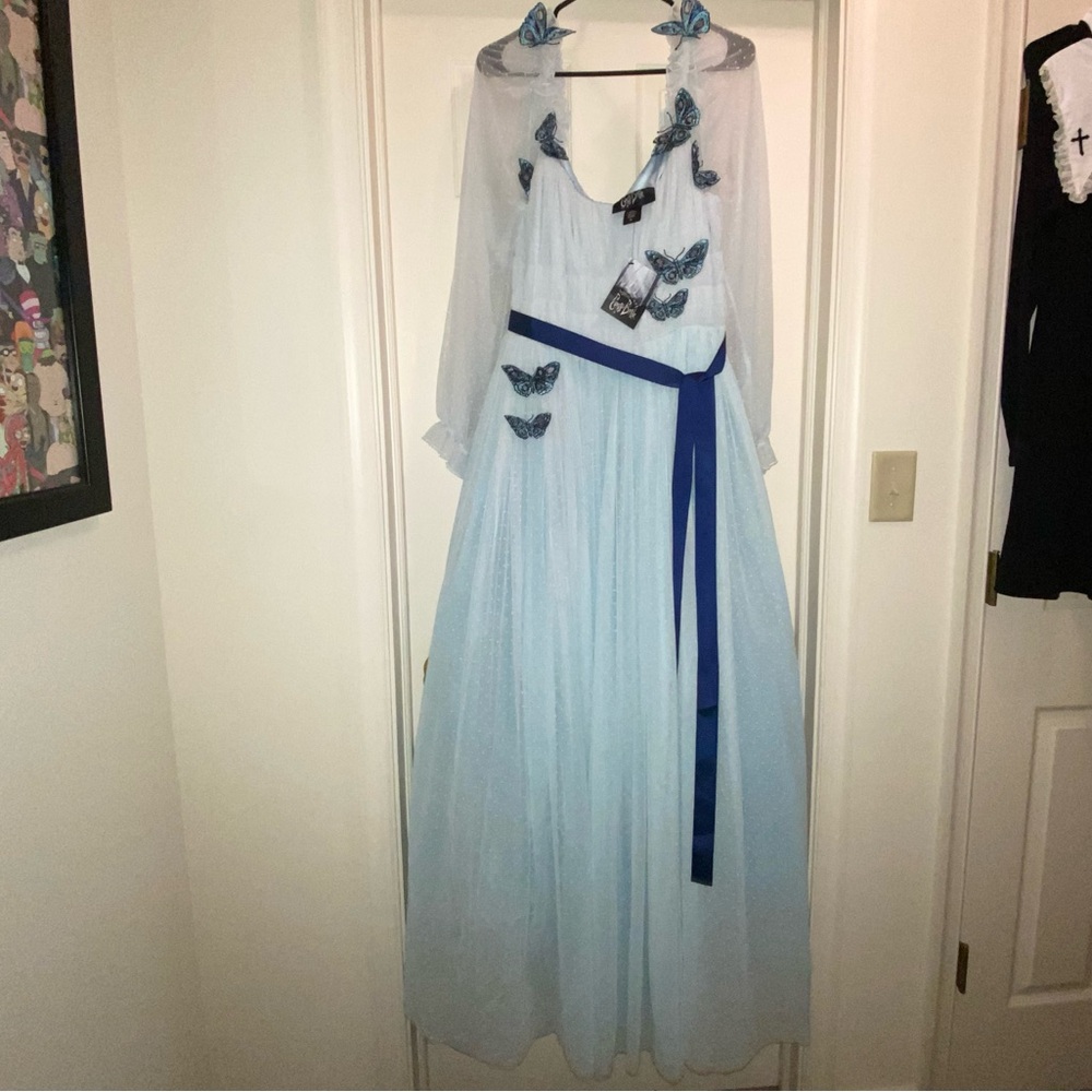 Light Blue Butterly Accent Maxi Dress with Navy Sash - Picture 2 of 5
